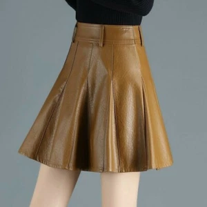 Women Faux Leather Pleated Skirt High Waist PU A-line Casual Frill Skater Frill - Picture 1 of 14