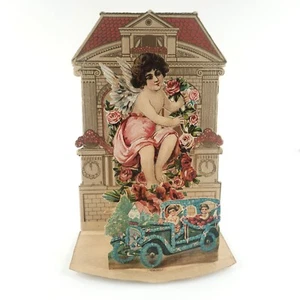 Tarjeta de San Valentín Victoriana Pop-Up Cupido c1900 Diecut Stand-Up Rosa Flores B447 - Imagen 1 de 6