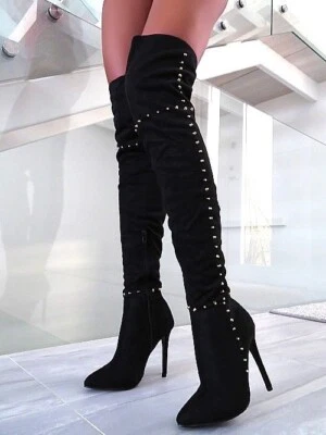 Lady Rose Original Tacones Altos Tachuelas OTK Sobre la Rodilla Botas Negro 39 Foto 1 de 4