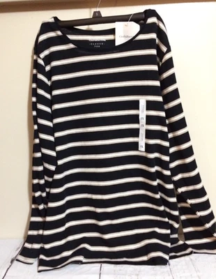 Top tejido Croft & Barrow para mujer 1X negro blanco rayas cuello redondo manga larga nuevo con etiquetas Foto 1 de 3