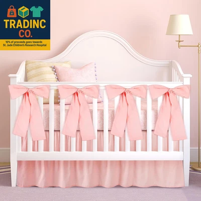 Faldas de cama de cuna rosa con 4 faldas grandes con moño para cuna de bebé para niños niñas guardería Foto 1 de 4