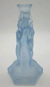 Art Deco Frosted Blue Pressed Glass Three Graces Comport Stand Candlestick 1930s - Picture 1 of 18