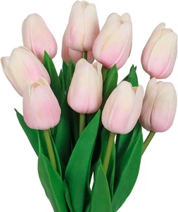 10 Pcs Pink Tulips Fake Flowers PU Faux Artificial 10 Pcs, - Picture 1 of 7