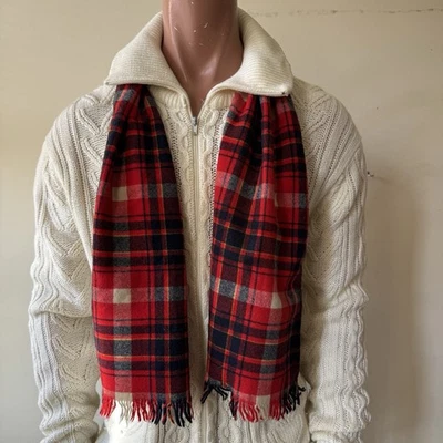Vintage Knockabout by Pendleton Red Blue Wool Plaid Fringe Scarf Made in USA - Image 1 of 4