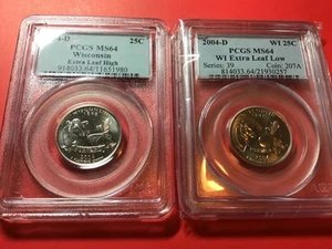 Set of Wisconsin Extra High/Low Leaf Error Quarters Both PCGS 64 Graded Coins. - Picture 1 of 6