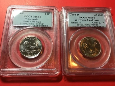 Set of Wisconsin Extra High/Low Leaf Error Quarters Both PCGS 64 Graded Coins. - Image 1 of 4