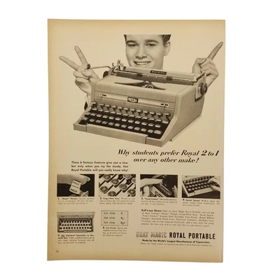 1950 Royal портативная пишущая машинка винтажная печатная реклама серый Magic студенты предпочитают - Изображение 1 из 2