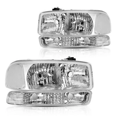 4Pcs Chrome Headlights w/ Bumper Lamps Set For 1999-2006 GMC Sierra/ 00-06 Yukon - Image 1 of 4