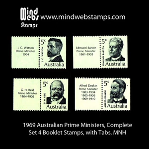 Australian Decimal Stamps 1969 Prime Ministers Booklet Stamps (4) with TABS, MNH - Picture 1 of 1