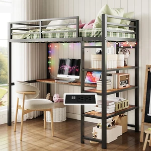 Loft Bed Twin Size with L Shaped Desk and Shelves, Heavy Duty Metal Loft Bed Fra - Picture 1 of 12
