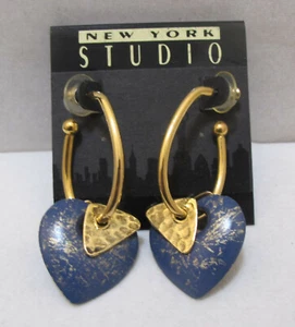 NEW YORK STUDIO Convertible Gold Tone Hoops Blue Hearts Triangles NOC - Picture 1 of 9
