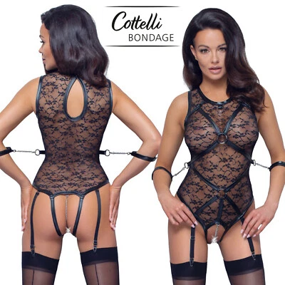 Cottelli Collection Bondage Body mit transparenter Spitze Strapshalter Schrittlos