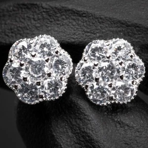 Flower Cluster Brilliant Iced Cz White Gold 925 Sterling Silver Stud Earrings - Picture 1 of 5