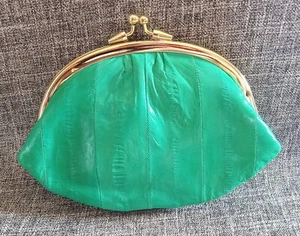 Lee Sands Genuine Eel Skin Leather Double Kiss Lock Green Clutch Purse Wallet - Picture 1 of 13