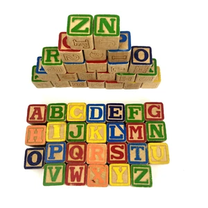 VTG Lot of 49 Wood Alphabet Building Blocks 1-1/8th inch Wooden Letter Number - Picture 1 of 6