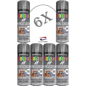 6x 250ML IMPRIMACIÓN GRIS OSCURO MEDIO MATE PINTURA EN AEROSOL SECADO RÁPIDO PLÁSTICO LATA DE METAL REINO UNIDO - Imagen 1 de 2