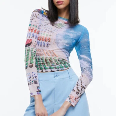 Alice + Olivia Delaina Mesh Top T Shirt Tee Whispering Waves Beach Ocean S - Image 1 of 4