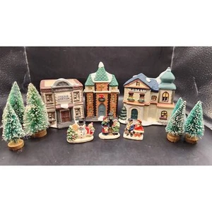 Winter Valley Cottages-12 Pc Lit Christmas People Trees Police Hotel Church*READ - Picture 1 of 9