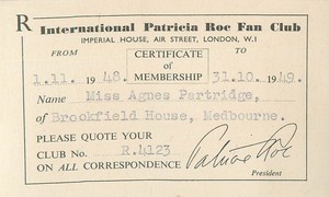 Vintage Membership Card - Patricia Roc Fan Club 1949