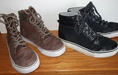 2 Pairs Old Navy Canvas High Top Lace Up Shoes Youth 3 Sneakers Brown Camo Black - Image 1 of 4