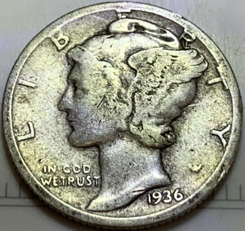 1936-D 0.9 Silver Mercury Dime VG Cover