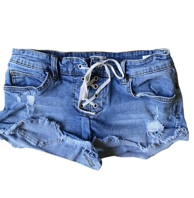 Billabong 女式短裤牛仔剪裁 25 浅牛仔十字领带低腰  — 第 1/4 张图片