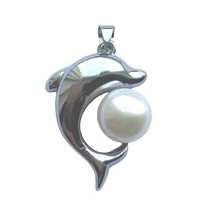 9mm Jumping Dolphin White Pearl Pendant Necklace Genuine Cultured Freshwater - Picture 1 of 2