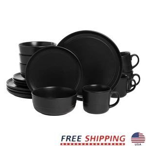 16 Piece Black Stoneware Dinnerware Set Microwave Dishwasher Safe Durable Modern - Afbeelding 1 van 10