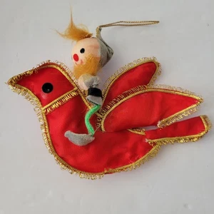 Vintage MCM Mid-Century Elf Pixie Riding a Dove Christmas Ornament Decor 4"  - Picture 1 of 6
