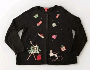 Cárdigan Negro Navidad Cremallera Suéter XL Diva Compras con Caniche Bordado  - Imagen 1 de 10
