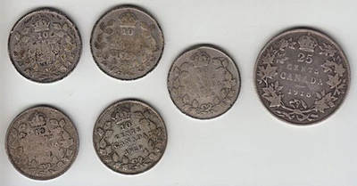 Lot of 5 Canadian 1918, 1921, 1929 (2), 1932  10 Cent   1918 25 Cent .925 SILVER - Image 1 of 4