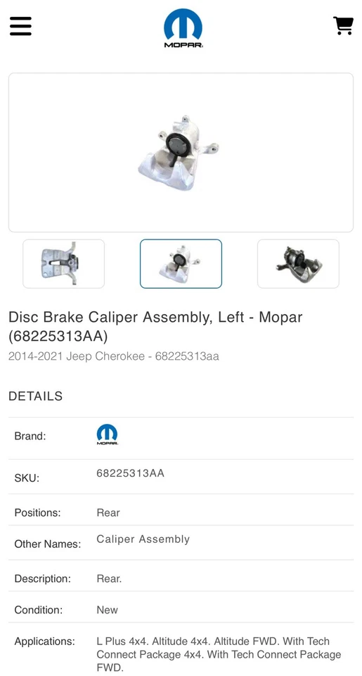 NEW Genuine Mopar 68225313AA Left Rear Disc Brake Caliper Jeep Cherokee - Image 1 of 3