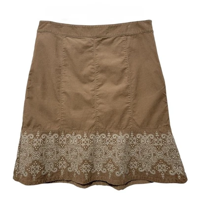 ANN TAYLOR Embroidered Corduroy Skirt Women's 10 Floral Tan White Cotton A-Line - Image 1 of 4