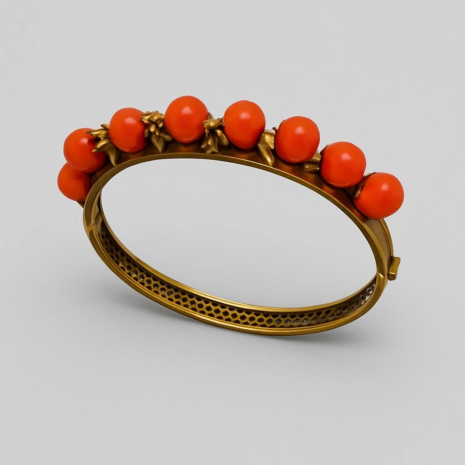 复古 Miriam Haskell 天然珊瑚黄铜铰边手镯 罕见 20 世纪 40 年代 — 第 1/4 张图片