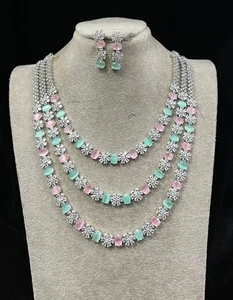 Set Di 3 Linee In Argento Placcato Cz Per Matrimonio Da Donna Bollywood Indiano - Foto 1 di 5