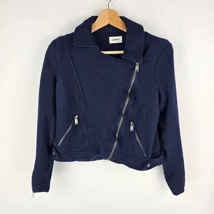 Marcs Jacket Womens 12 Navy Blue Cropped 100% Wool Asymmetrical Zip Pockets - Picture 1 of 8