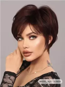 10" Short Deep Red Synthetic Hair Wigs with Bangs for Women Pixie Cut Daily Wig - Picture 1 of 6