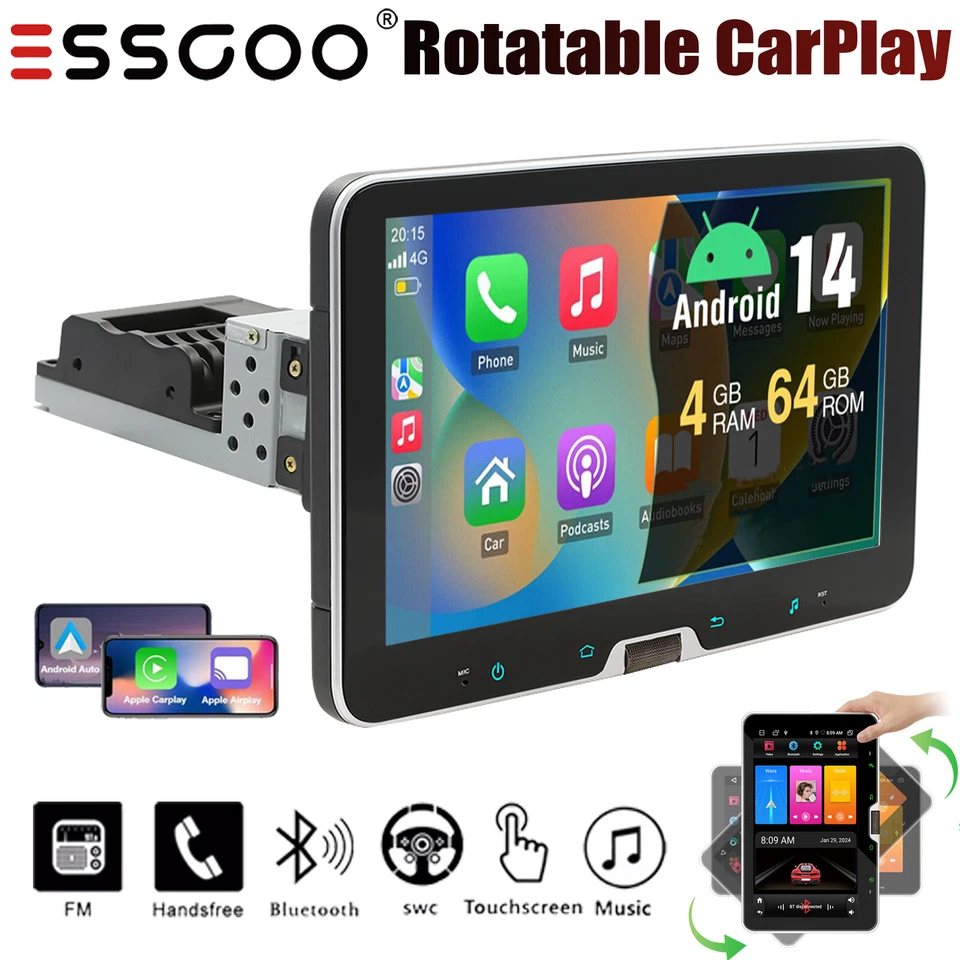 Single 1 DIN 4+64G Rotatable 10.1'' Android 14 Car Stereo Radio GPS Wifi SWC BT - Image 1 of 4
