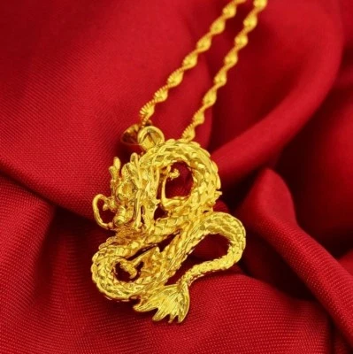 Collar cadena serpiente 30" colgante dragón plata relleno oro amarillo 18k D559 Foto 1 de 4