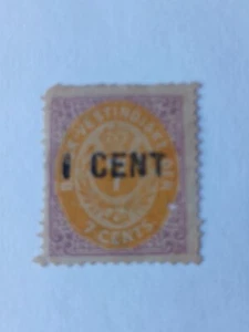 US DANISH WI, SCOTT 14, I CENT ON 7 CENTS, LILAC ON ORANGE, MINT HINGED - Picture 1 of 2