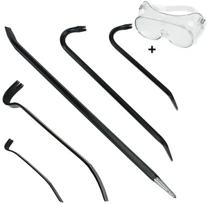 5 Piece Crowbar Long Wrecking Crow Bar Steel Flat Large Pry Kit + Safety Goggles - Picture 1 of 11
