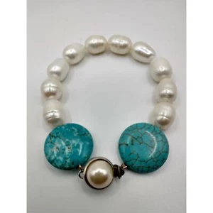 Small 6.5" Genuine Pearl and Turquiose Clasp Bracelet Gift Graduation Daughter - Picture 1 of 11