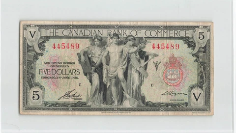 CANADA 5 Dollars 1935, Ch# 75-18-02 Bank of Commerce, 445489, Original VF.  C1 Cover