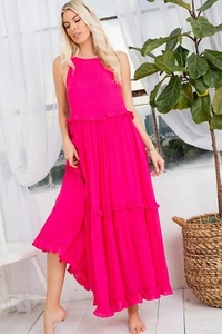 SWEET LOVELY BY JEN SLEEVELESS TIERED MAXI DRESS IN FUCHSIA SIZE SMALL - Picture 1 of 6