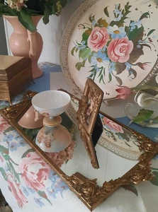 VERDADERO tocador vintage ornamentado espejo rectangular dorado rosa asas - Imagen 1 de 11