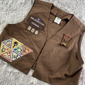 Vintage Girl Scouts Vest Youth Medium Brown 90s Patches Pins Sybaquay 908 USA - Picture 1 of 14