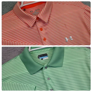 Under Armour Golf Polo Shirt Mens XL Orange Green Striped Stretch Sports Outdoor - Picture 1 of 23