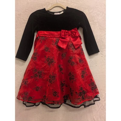 Girls Black Velvet Red Rose Print Long Sleeve Dress Size 6 - Image 1 of 4