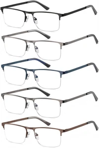 5 Pack Quality Reading Glasses Men Metal Half Frame Spring Hinges Blue Light Blo - Picture 1 of 12