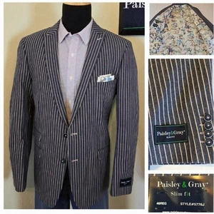 Neu mit Etikett Paisley & grau Leinenmischung Blazer * 42R 44R schmal * blau/rosa Sportmantel NEU - Bild 1 von 21